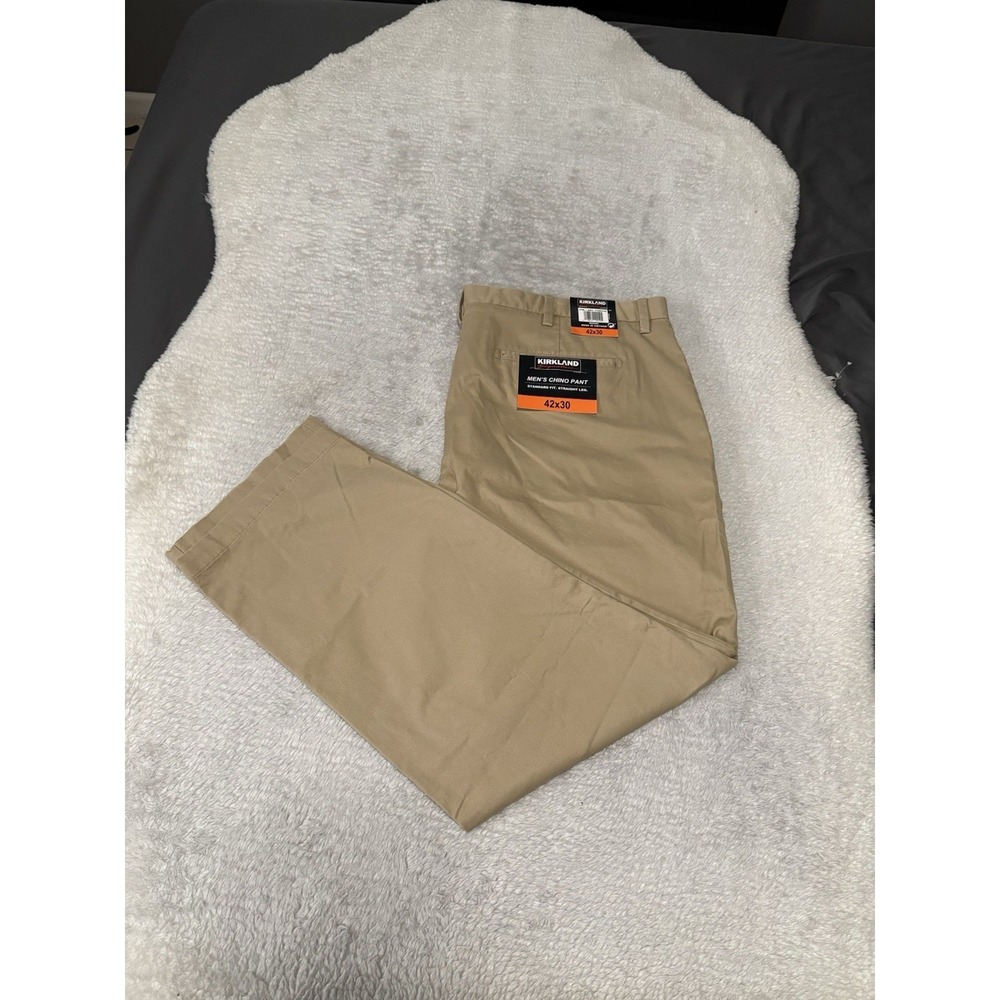 New Kirkland Men's Chino Pants Size 42x30 Standard Fit Beige Trousers‎ Stretch